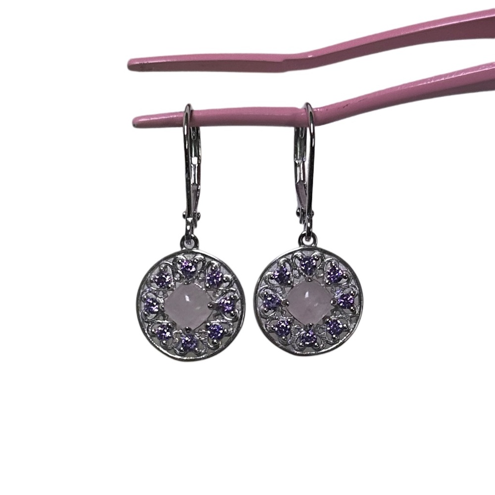 Rose quartz purple cubic zirconia lever back sterling silver 925 dangle earrings